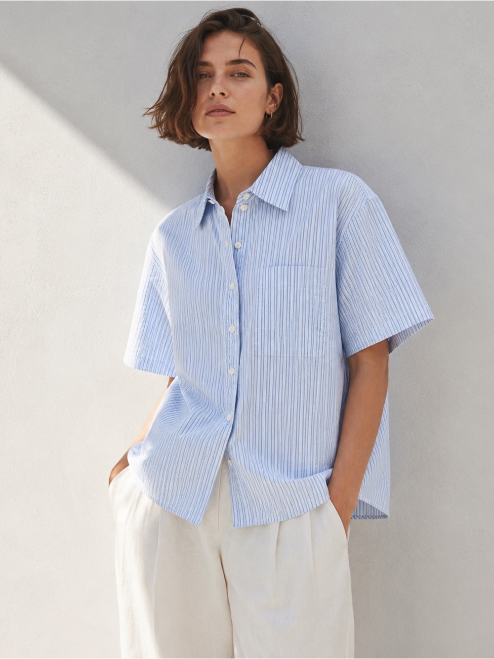 COS Light Blue and White Striped Short-Sleeve Button-Down Shirt